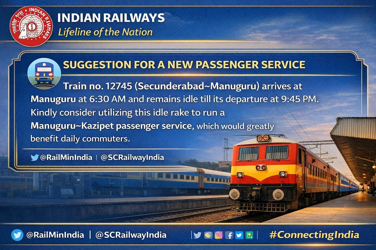 <a href="/drmhyb/">Hyderabad Division</a> <a href="/drmsecunderabad/">DRM Secunderabad</a> <a href="/SCRailwayIndia/">South Central Railway</a> <a href="/RailMinIndia/">Ministry of Railways</a> <a href="/INC_Ponguleti/">Ponguleti Srinivasa Reddy</a> <a href="/srdom_sc/">sr dom sc</a> <a href="/porika_balram/">Balram Naik Porika</a> <a href="/kishanreddybjp/">G Kishan Reddy</a>