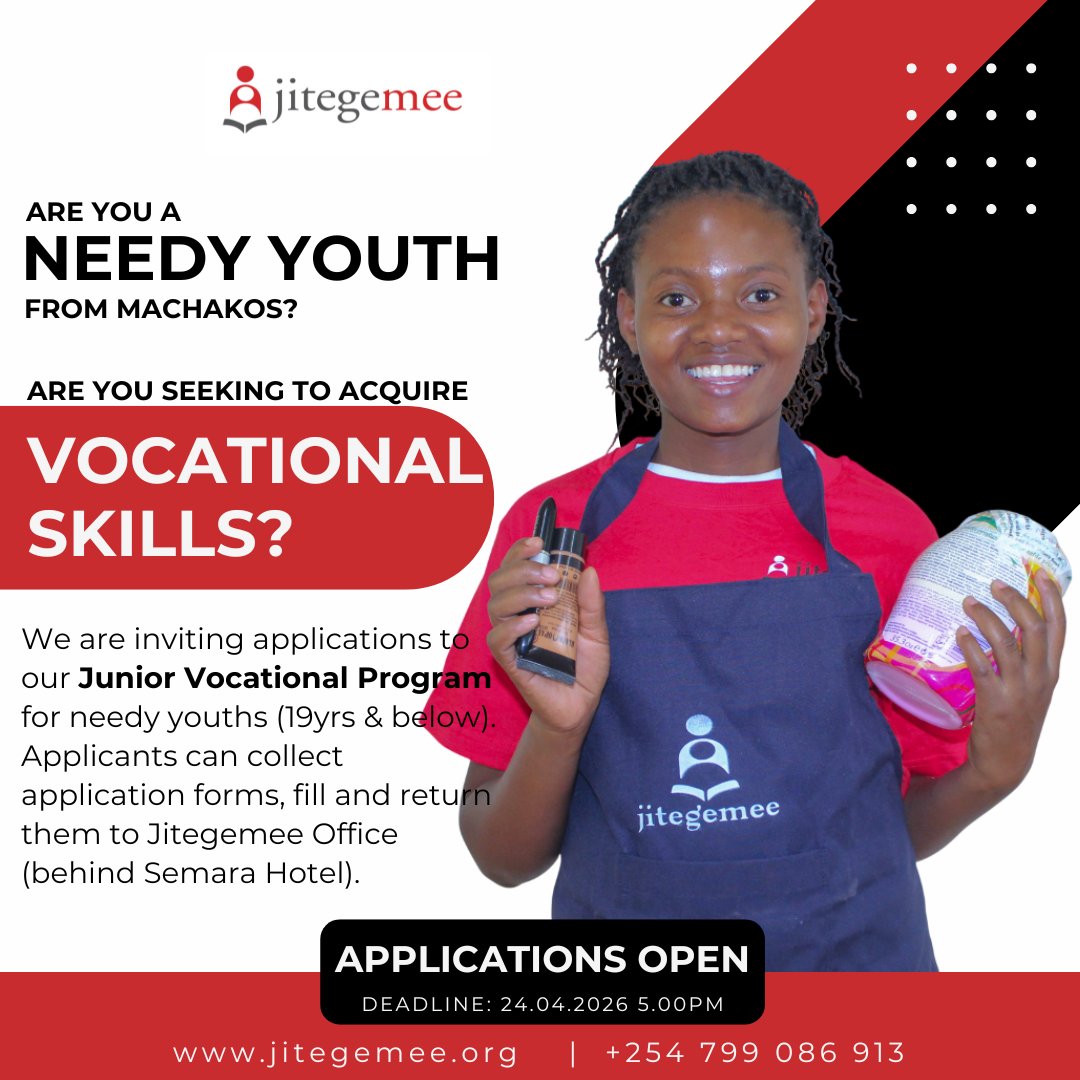 JitegemeeOrg's tweet image. Help us reach the "unreached."
If you know a young person (19 &amp;amp; below) who is out of school and looking for a path forward, please direct them to the Jitegemee Office behind Semara Hotel.

🗓️ Deadline: 24.04.2026
📞 Info: +254 799 086 913

🇰🇪
#Machakos #Vocational #Youth