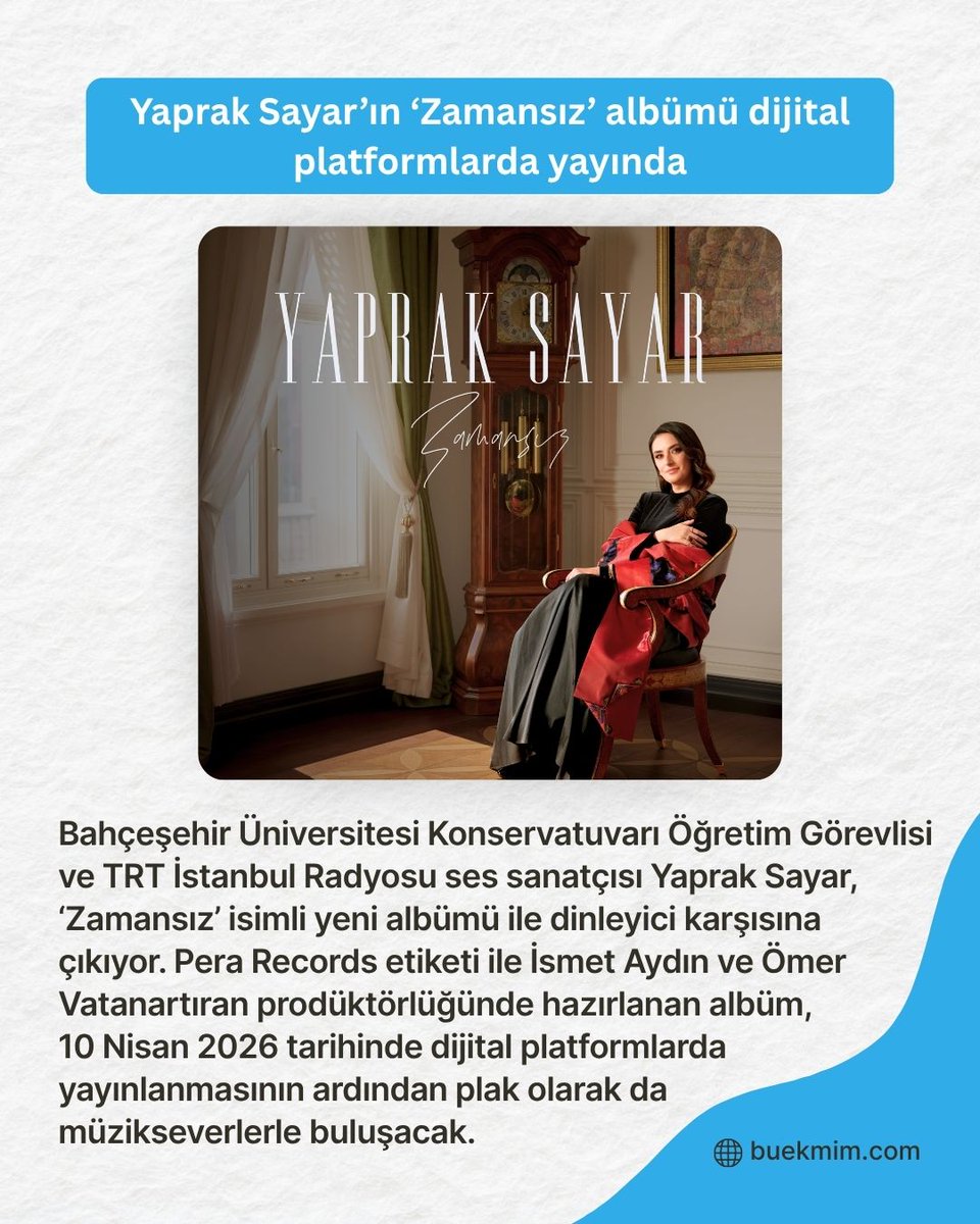 buek_mim's tweet photo. Yaprak Sayar, “Zamansız” albümüyle dinleyiciyle buluşuyor. Pera Records etiketiyle hazırlanan albüm, 10 Nisan itibarıyla dijital platformlarda yayında; çok yakında plak formatıyla da müzikseverlerle buluşacak.

🔗https://t.co/La9xnxZgYM https://t.co/yFfjXFbltC