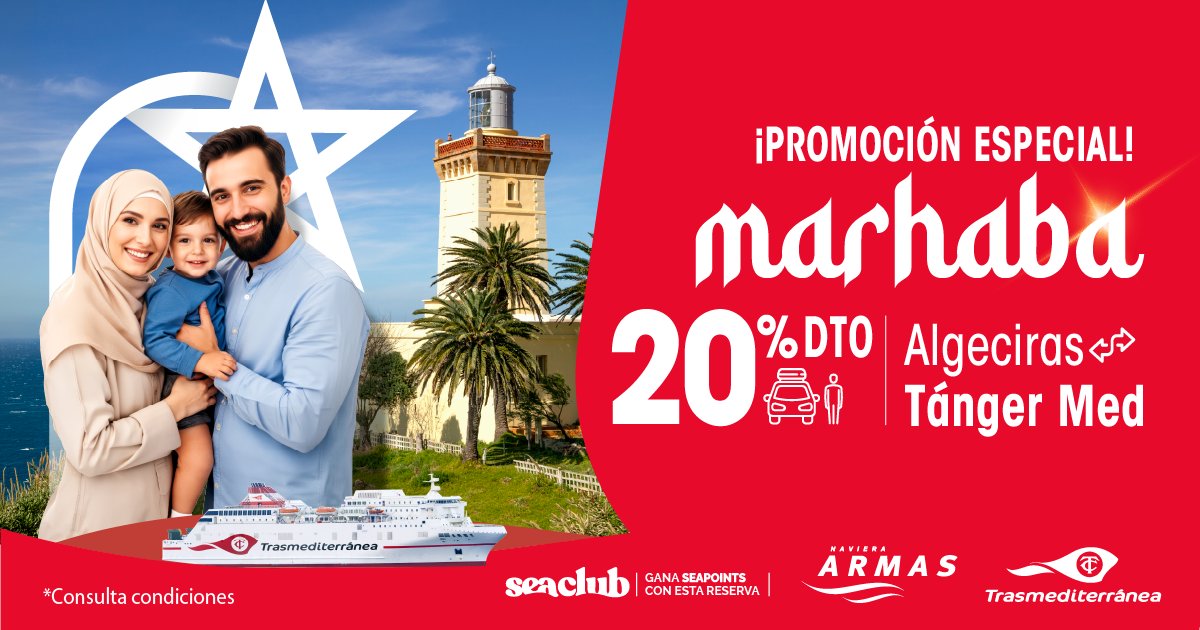 BaleariaCanaria's tweet photo. Tu viaje a casa al mejor precio��. Introduce el código TANGER20 y obtén un 20% de descuento en tu billete a #Marruecos.
🛳️ Solo hasta el 16/04. No dejes que se te escape esta promoción especial en la línea Algeciras-Tanger https://t.co/NElJPD2U0z
#Marhaba https://t.co/qSRuBBP6K9