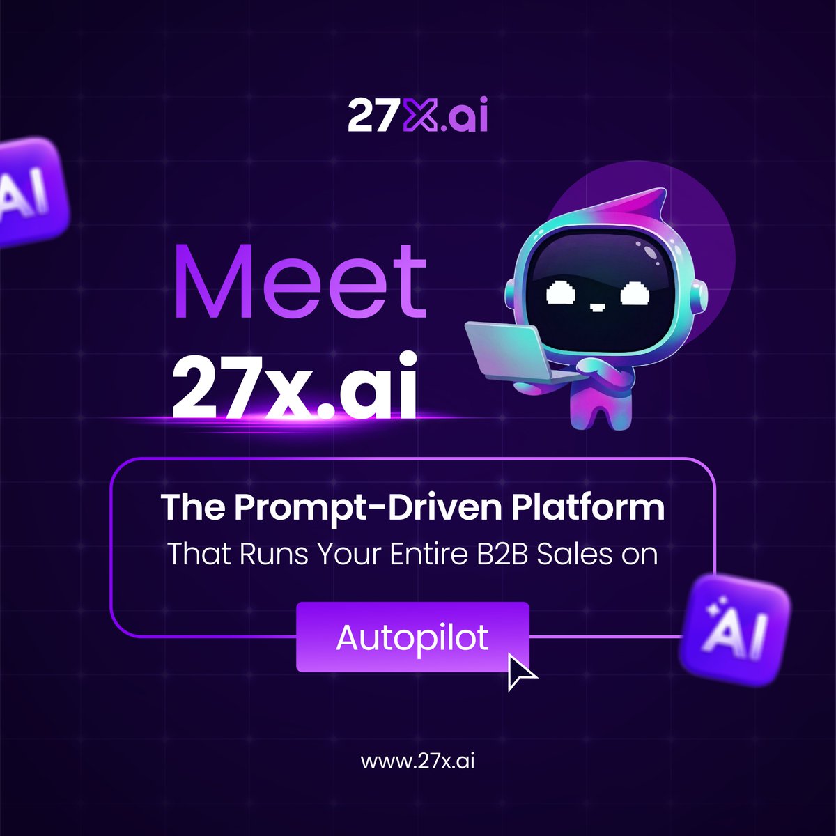27x_ai's tweet photo. Meet https://t.co/PqdlnnrfgO — the prompt-driven AI platform built to run your B2B sales workflow with autonomous agents.

From prospecting to personalized outreach, follow-ups, and meeting bookings — the SDR Agent works 24/7.
get started: https://t.co/LLlSW6BI7k

#27xai https://t.co/12wjK62pr3