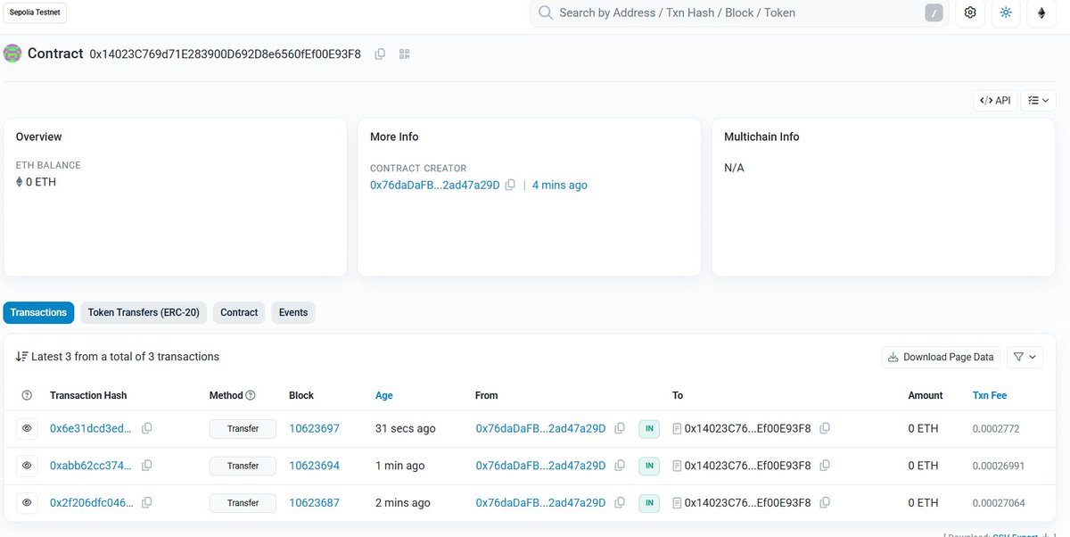 prathamsp09's tweet photo. Wrote and deployed my own fully functional ERC-20 token from scratch. It handles all standard transfers &amp; receives flawlessly on-chain.
Token called CCT live on Sepolia testnet.
- transfer tokens 🚀
- approve other wallets to spend on your behalf
- move approved tokens
#Solidity https://t.co/AT86KhShOU