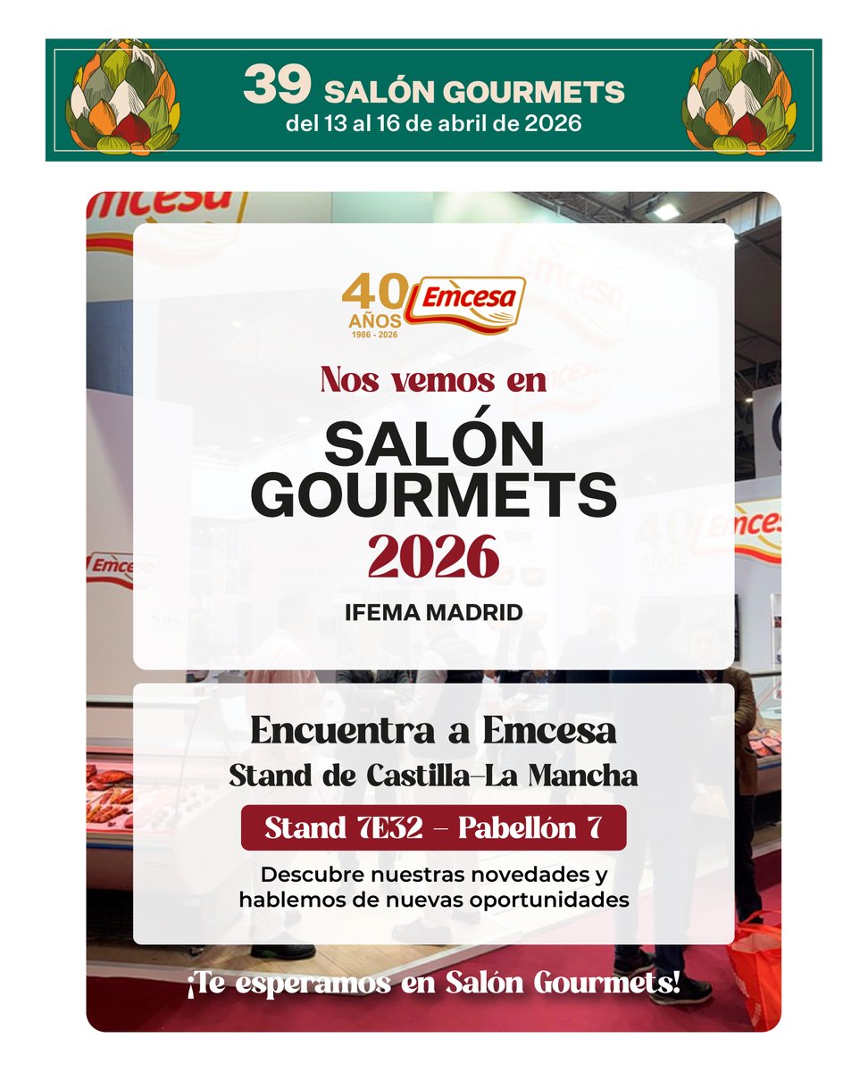 La próxima semana, Emcesa se va a Madrid. 🚀 Estaremos en Salón Gourmets, del 13 al 16 de abril en IFEMA.

📍 Stand 7E32 (Pabellón 7)
🍽️ Producto de calidad, origen manchego y ganas de compartir.

¿Nos visitas?

#Emcesa #SalónGourmets