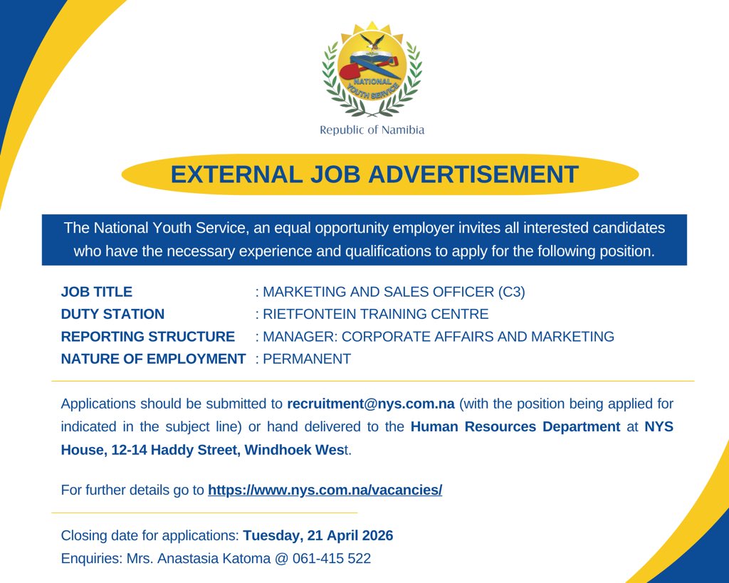 NYSNamibia's tweet photo. Vacancy Alert! 📥

The National Youth Service (NYS) is inviting interested candidates who qualify to apply for the following position: 

🔗 For full details and how to apply, click here: https://t.co/XbedGYwOxx https://t.co/w71L1Z0exs