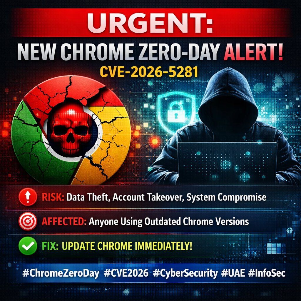 InfoSec4tc's tweet photo. 🚨 تنبيه أمني عاجل

ثغرة خطيرة جديدة في Google Chrome (CVE-2026-5281) يتم استغلالها حاليًا.
⚠️ الخطر:
سرقة بيانات – اختراق حسابات – السيطرة على الجهاز
🎯 المتأثرون:
أي مستخدم لم يقم بتحديث المتصفح
✅ الحل:
قم بتحديث Chrome فورًا
#الأمن_السيبراني #CVE2026 #ChromeZeroDay #InfoSec https://t.co/7km6DWouh6