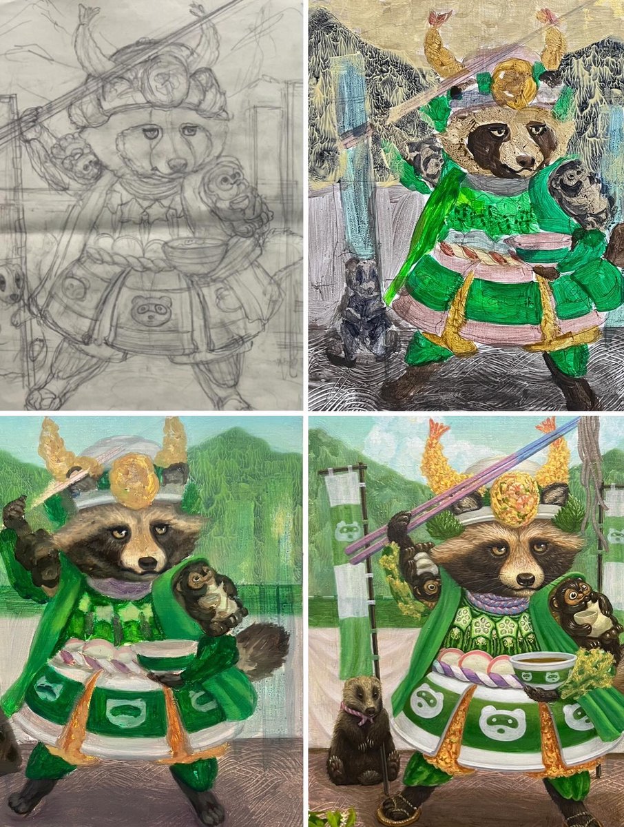 r_swamp83's tweet photo. 「翠の狸武将」「Green raccoon warlord」
2026 F4 oil, acrylic on hemp paper

緑のたぬきそばにインスパイアされた作品。従者はアナグマ
たぬきと呼ばれた徳川家康のようにドカッと構えた戦略を立て、戦わねばならない、あかいあいつと🥢
#緑のたぬき #油彩 #岩澤慶典 #oilpainting #foodanimal https://t.co/dmhFqPNg4w