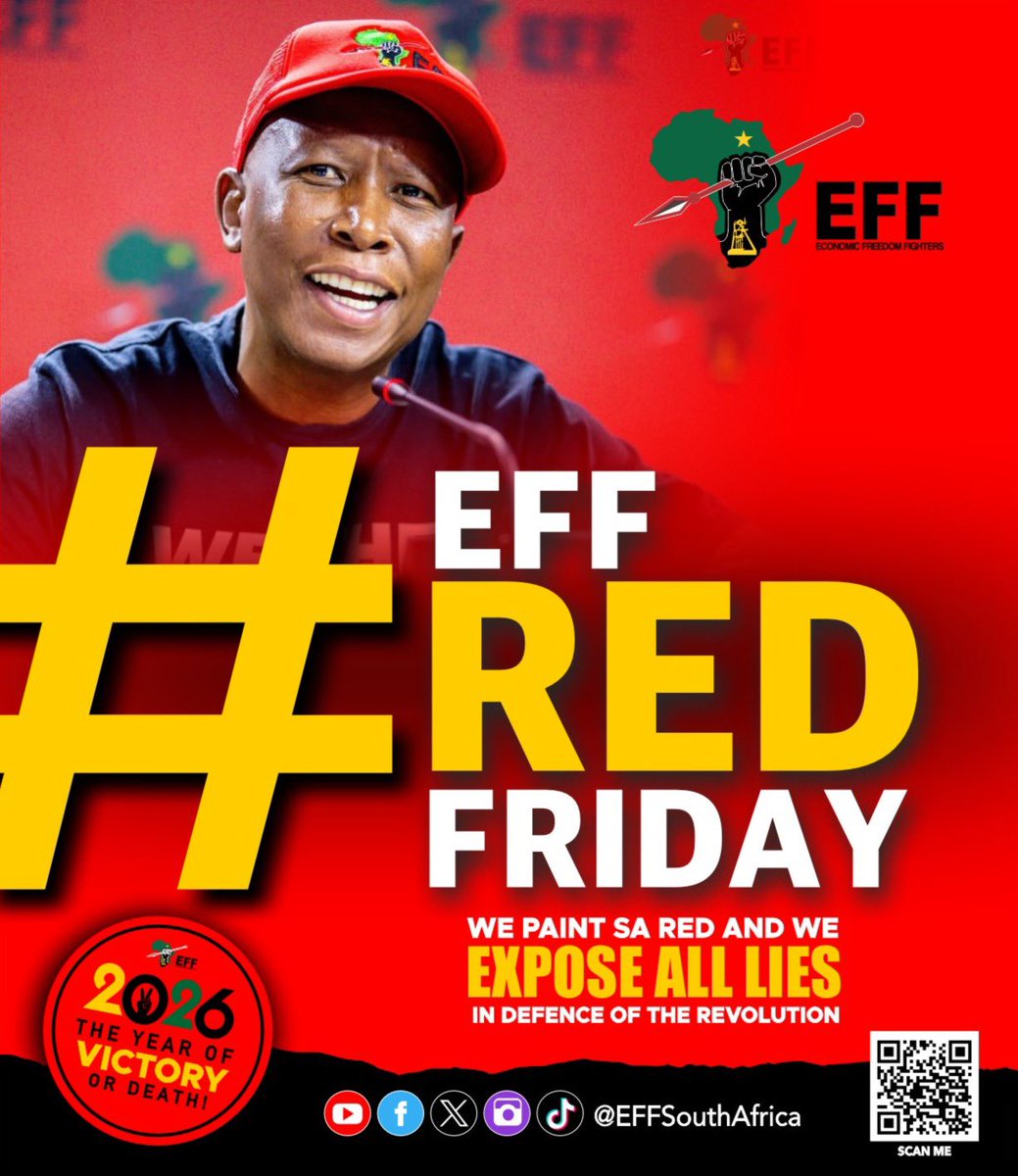 EFFSouthAfrica's tweet image. It’s #EFFRedFriday Fighters, let’s wear red and expose all the lies in defence of the revolution.

#RegisterToVoteEFF  In The 2026 Local Government Elections On The Following Link: registertovoteeff.org.za
