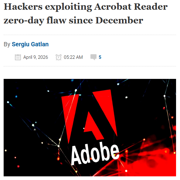 H4ckmanac's tweet image. 🚨Cyber Alert ‼️

𝗔𝗱𝗼𝗯𝗲 𝗥𝗲𝗮𝗱𝗲𝗿 𝗭𝗲𝗿𝗼-𝗗𝗮𝘆 𝗘𝘅𝗽𝗹𝗼𝗶𝘁𝗲𝗱 𝘃𝗶𝗮 𝗠𝗮𝗹𝗶𝗰𝗶𝗼𝘂𝘀 𝗣𝗗𝗙𝘀 𝗦𝗶𝗻𝗰𝗲 𝗗𝗲𝗰𝗲𝗺𝗯𝗲𝗿 𝟮𝟬𝟮𝟱

Threat actors have been exploiting an Adobe Acrobat Reader zero-day since December 2025 via malicious PDF files. 

The exploit