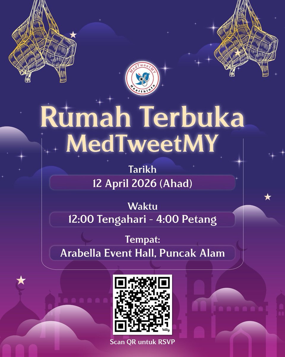 MedTweetMYHQ's tweet photo. Tangan menghulur bantuan diberi,
Demi masyarakat bakti dicurah;
Rumah terbuka jemput ke mari,
Tanda syukur ukhuwah bercambah.

---------------------------------------

Salam Aidilfitri kepada semua,

Kami di MedTweetMY (MTM) ingin menjemput 50 orang pengikut media sosial kami yang setia memberikan sokongan kepada MTM ke Majlis Rumah Terbuka Aidilfitri MedTweetMY 2026 pada tahun ini.

Tarikh: 12 April 2026

Masa: 11.30 pagi - 4.00 petang.

Lokasi: Arabella Event Hall, Puncak Alam.

Klik pautan ini https://t.co/MsCb2Y3rSQ atau gunakan kod QR seperti di poster untuk tujuan pendaftaran.

Semoga kehadiran anda akan memeriahkan lagi majlis ini. Jumpa di sana!

P/S : kod pakaian bertemakan hari raya dan ada tetamu istimewa yang akan menghadiri majlis ini insyaAllah. Maklumat lanjut akan diberikan melalui emel kepada yang berjaya daftar nanti.