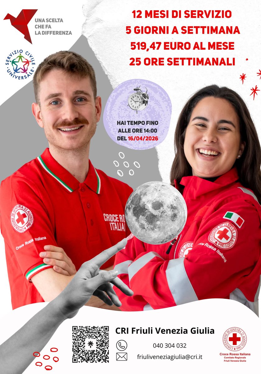 ⏰ Affrettati! Hai tempo fino alle ore 14:00 del 16 aprile!

Scegli il #ServizioCivileUniversale in #CroceRossa! Maggiori info sulla pagina:
cri.it/friuliveneziag…

#CRIFVG #UnItaliaCheAiuta