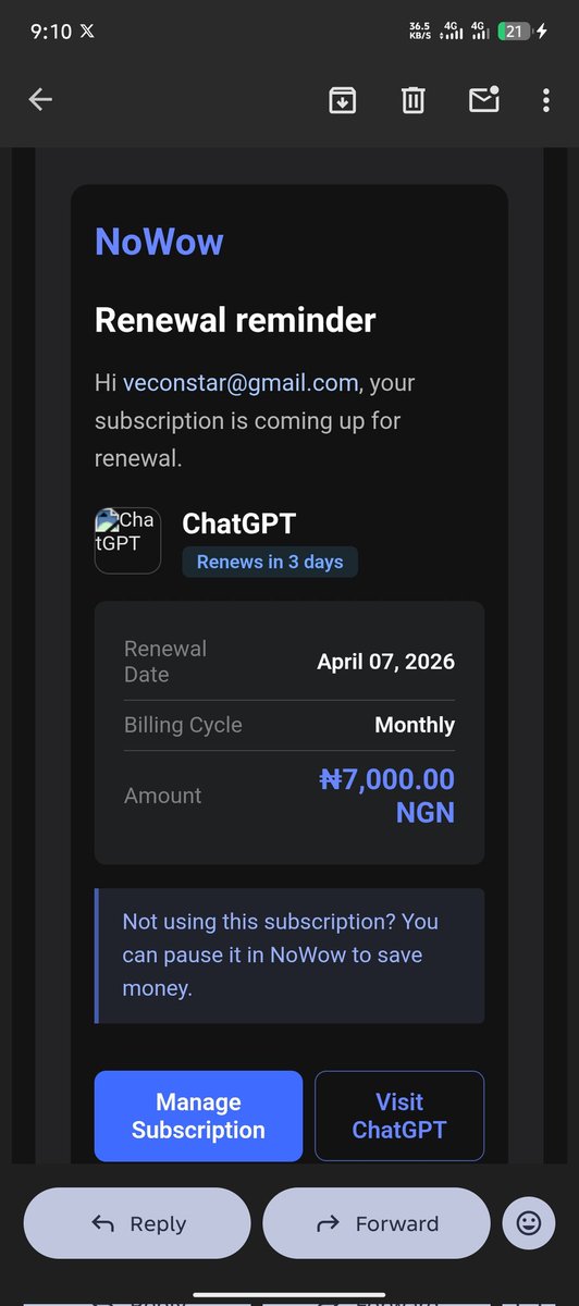 Victor_Ephraim7's tweet image. I got a reminder 3 days before my subscription renewed. 

Then another one on the exact day, 
even if life gets busy, 

I don’t miss it, 
no more surprise charges. 

I actually know where my money is going now, all these is because I began using @NoWowApp . 

#productivity
#NoWow