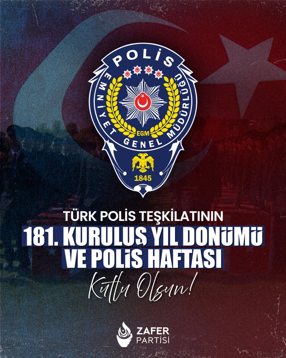 Türk Polis Teşkilatı’nın 181. kuruluş yıl dönümünü kutluyor; asayişin, huzurun ve güvenliğimizin teminatı olan kahraman polislerimize teşekkürlerimizi sunuyoruz.

Bu anlamlı günde bir kez daha vurguluyoruz ki; vatanın birliği ve milletin huzuru için gözünü kırpmadan görev yapan