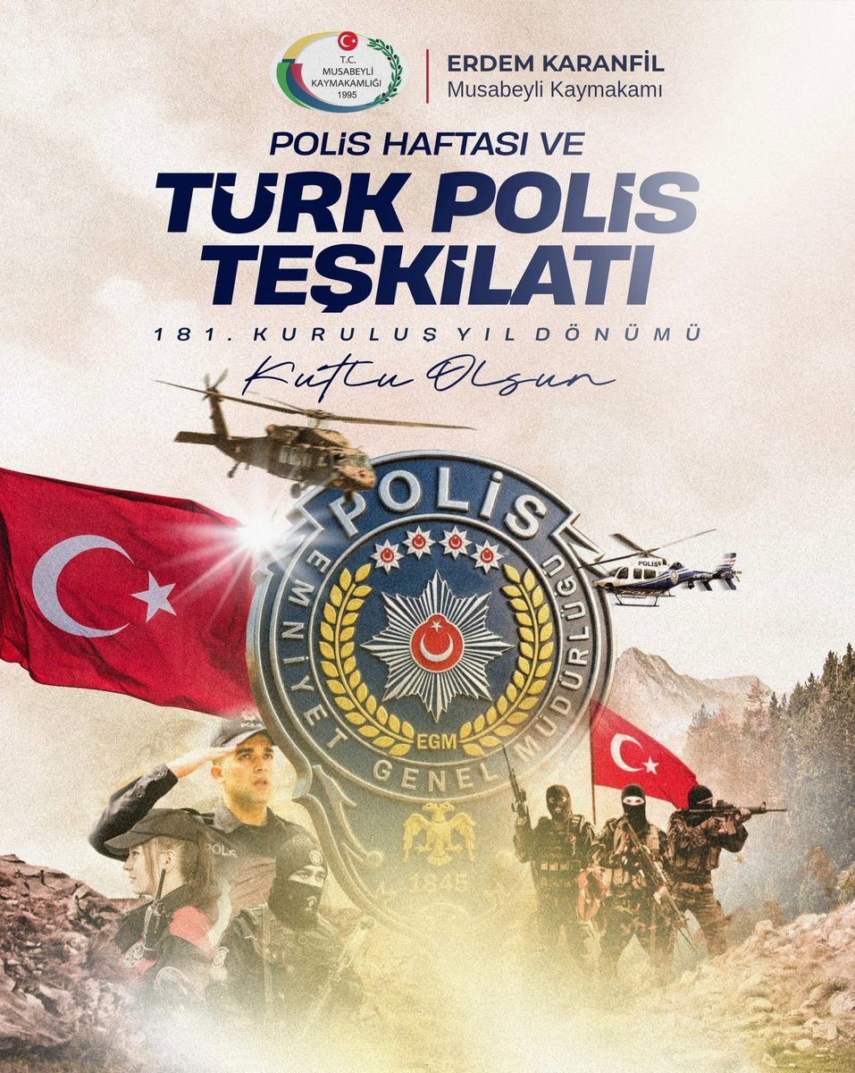 Milletimizin huzur ve güvenliği için gece gündüz demeden fedakârca görev yapan Türk Polis Teşkilatımızın 181. kuruluş yıl dönümü ve Polis Haftası kutlu olsun.

Görevleri başında şehit düşen kahramanlarımızı rahmetle, gazilerimizi minnetle anıyor; tüm emniyet mensuplarımıza