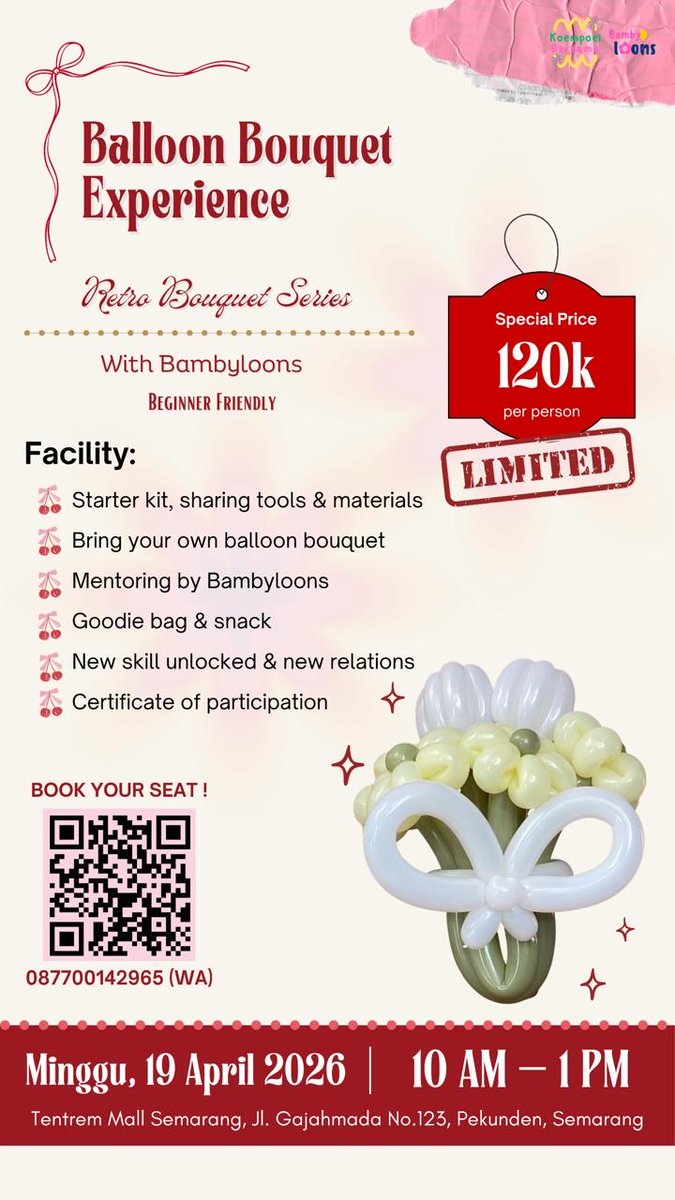 UNDIP_FESS's tweet photo. Looking for a creative idea to spend your weekend? ππ
Retro Balloon Bouquet Workshop πβ¨
Come and arrange your own balloon bouquet! π
Limited seat! Book yours now:
langsung aja dm yaa @bambyloons.smg π
https://t.co/NbRl9r74nc
#workshopsemarang #creativeclasssemarang https://t.co/jtwHfVIxIf