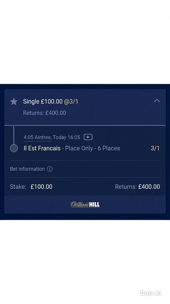 JakeAuburn1's tweet photo. My tip for today, top 6 place betting at 3/1 with William Hill. 
IIL EST FRANCAIS

This former king george runner up having first run since wind op and at only 8 years old could still find the spark he once had, front running tactics 🤞 top 6 great bet https://t.co/ikjxjwGJg7
