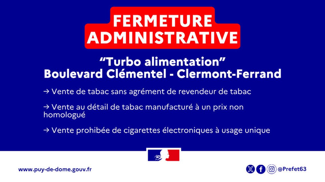 Image de Préfète du Puy-de-Dôme : 🔴 Fermeture administrative décidée par la préfète du Puy-de-Dôme

📍« TURBO ALIMENTATION », situé à