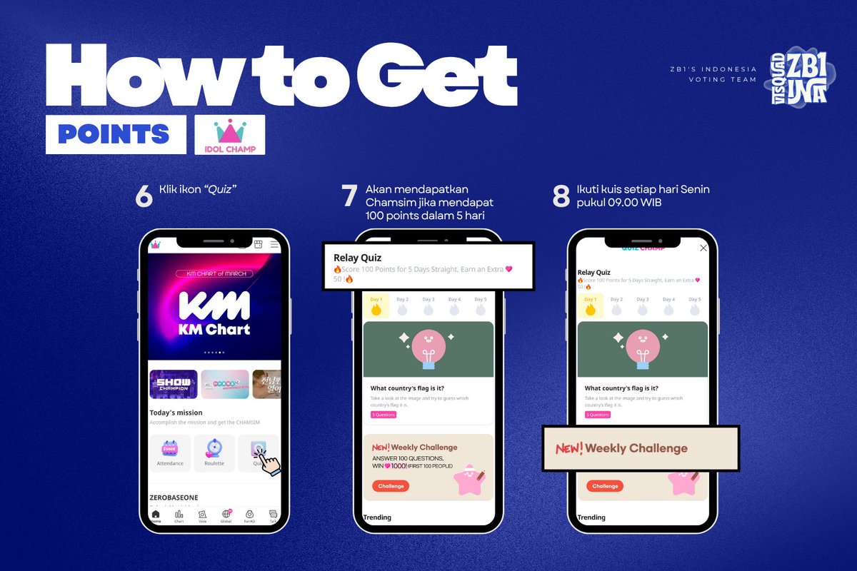 ZB1NA_VTSquad's tweet image. Hello Zerose!
Selamat hari Jumat 🥰

Hari ini kita bahas aplikasi voting lainnya yuks

📲 : Idol Champ
🎯 : Unlimited
       (Blue &amp;amp; Red Chamsims)
▶️ : Attendance, Roulette, Quiz (daily &amp;amp; weekly)
📺 : Show Champion Pre-Vote

Fighting, everyone 💙

#제로베이스원 #ZEROBASEONE #ZB1