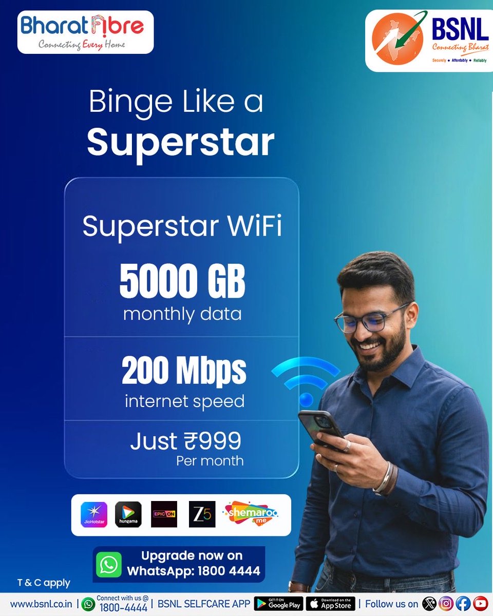 BSNLCorporate's tweet image. Internet ka asli Superstar aa gaya! 

200 Mbps speed + 5TB data + OTT entertainment — sab kuch sirf ₹999 mein! Superstar WiFi 999*

Upgrade now on whatsapp: 1800 4444 

#BSNL #SuperstarPlan #HighSpeedInternet #WiFiPlans #OTTStreaming #ReliableNetwork @CMDBSNL @robertravi21