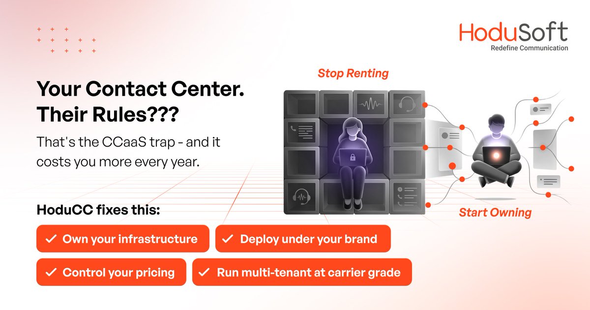HoduCC gives businesses what they actually need: full infrastructure ownership, flexible deployment, and the ability to run under their own brand.

Stop renting. Start owning.

hodusoft.com

#CCaaS #ContactCenter #HoduCC #CarrierGrade #VendorLockIn #HoduSoft
