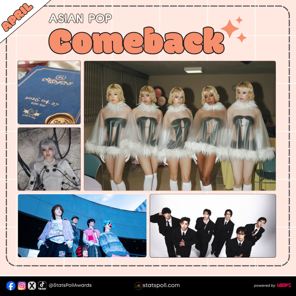 StatsPollAwards's tweet photo. ✨ 𝗔𝗣𝗥𝗜𝗟 - 𝗔𝗦𝗜𝗔𝗡 𝗣𝗢𝗣 𝗖𝗢𝗠𝗘𝗕𝗔𝗖𝗞 ✨
Who is your favorite artist making a comeback or debut this month? 🎤🔥
🇰🇷 #QWER 4th Mini Album ‘CEREMONY’
🇰🇷 #ANYMA x #LISA – Bad Angel
🇺🇸 #KATSEYE – PINKY UP
🇰🇷 #HRTZWAVE ‘NINETEEN’
🇰🇷 #82MAJOR – 5TH MINI ALBUM
📅 Starts: 04.10.2026 | 12 PM FRI 🇵🇭 Time
📅 Ends: 04.17.2026 | 10 PM FRI 🇵🇭 Time
🗳️ Vote here: https://t.co/aKbGvgJGrq
Follow us for updates!
@StatsPollAwards
#StatsPollAwards #AsianPopComeback #AprilComebacks