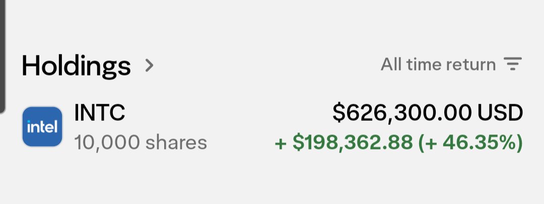 maritimetank's tweet photo. Hit a milestone today - one year ago I had 0 shares of $INTC. Now I have 10000. All this from a simple strategy of buying Intel calls, using half the profits to buy shares, and using the other half to buy more Intel calls. https://t.co/Sk24EpiWJw