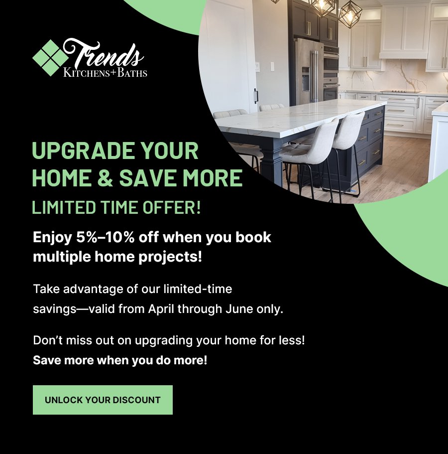 TrendsBaths's tweet photo. Upgrade your home and save! Book multiple projects with Trends Kitchens &amp; Baths and get 5%–10% off—offer valid April to June. Don’t miss out on affordable, quality renovations in Milton, Oakville, Burlington, and Mississauga. #HomeRenovation https://t.co/sSrlvB2VgN
