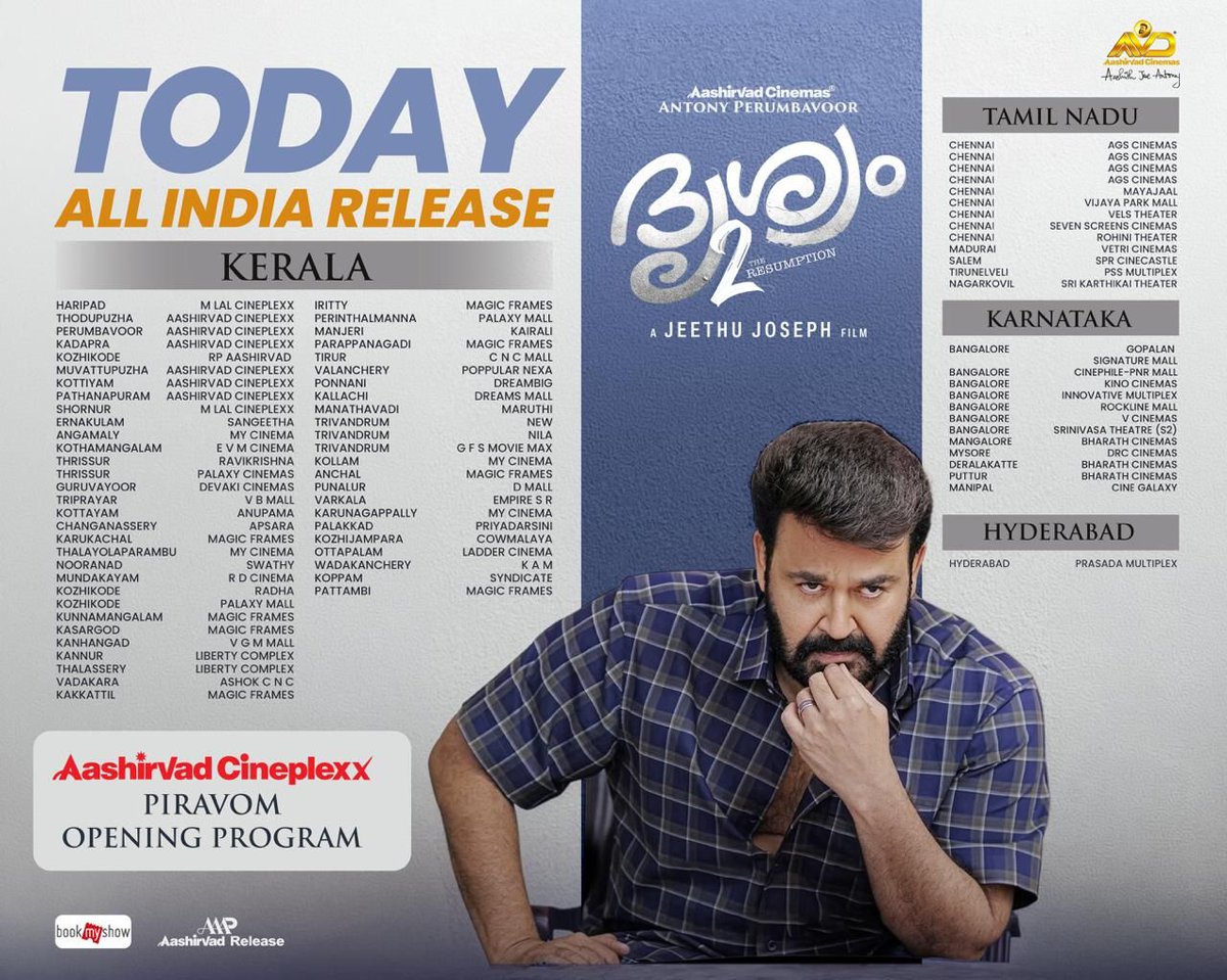 Kannananil's tweet photo. Catch Drishyam 2, in theatres near you. 

#AashirvadCinemas #AVD27 #Drishyam2 #D2 https://t.co/Pk6ls3HPWs