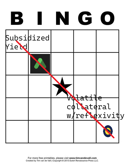 Featherlend's tweet photo. 🟥 "Anchor" mentioned
🟥  Subsidized yield via borrowing
🟥 "...we would just post more collateral..."
🟥 Volatile collateral with concentration risk
🟥 Claims liquidation "not a risk" 

Call a spade a spade.

Actions that can be taken?
- Slowly wind down the position
- Acknowledge the risk