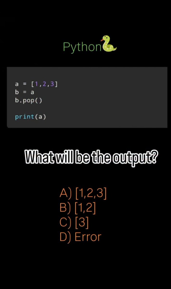Python_Dv's tweet image. Drop your answer in the comments. 👇�
Think you’ve mastered Python? Prove it. 🐍�Can you predict the output?
Tag a friend who should try this.�Save it. Test them later.

#pythonquiz #python #coding #programming #pythonchallenge