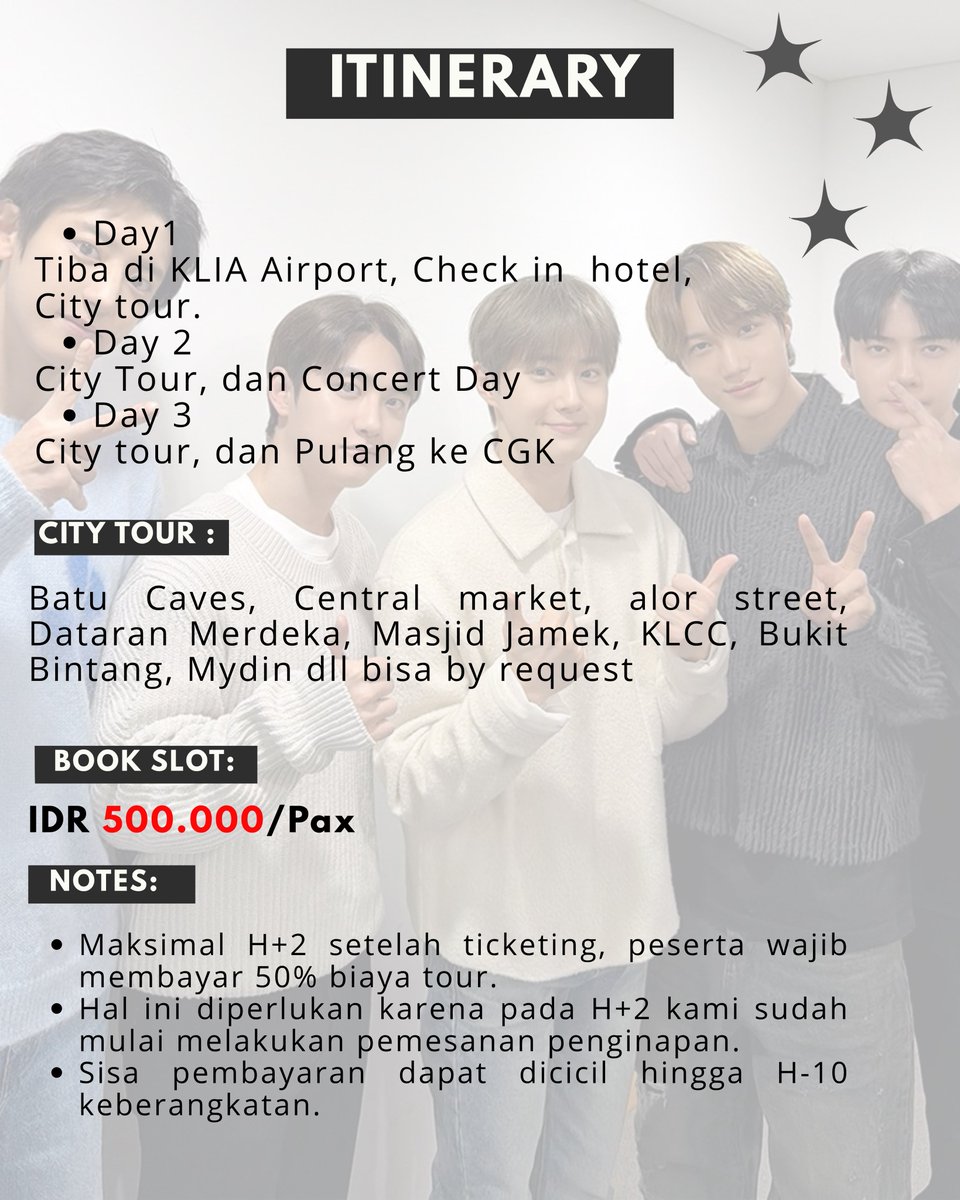 ✈️ CRNTOUR OPEN TRIP TOUR TO 
KUALA LUMPUR , MALAYSIA 🇲🇾 

OPEN CONCERT TRIP EXO PLANET #6 –EXhOrizon in Kuala Lumpur

📆 ( 19-21 Juni 2026 ) 3D2N
💵Price 2.900.000
🩶Benefit cek on poster
✈️ Diskon Pesawat up to 15% 
💰DP 500.000/pax
💳Sisanya bisa dicicil max h-10 keberangkatan