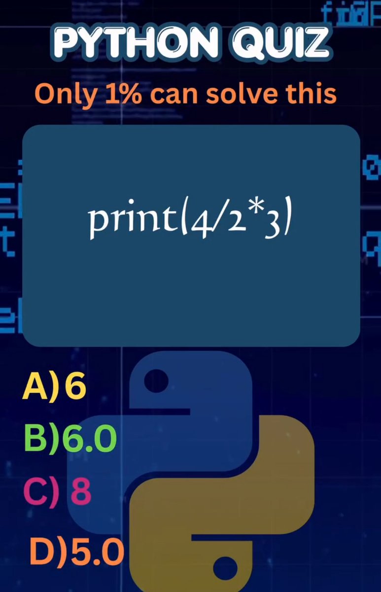 Python_Dv's tweet image. Drop your answer in the comments. 👇�
Think you’ve mastered Python? Prove it. 🐍�Can you predict the output?
Tag a friend who should try this.�Save it. Test them later.

#pythonquiz #python #coding #programming #pythonchallenge