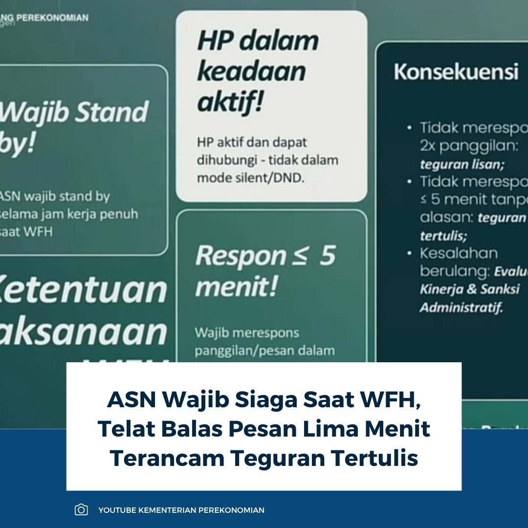 kompascom's tweet image. ASN wajib siaga penuh saat WFH dan ponsel harus aktif. Respons panggilan atau pesan maksimal lima menit. Jika abai, dua panggilan tak terjawab kena teguran lisan, lewat lima menit berujung teguran tertulis.

Baca selengkapnya: nasional.kompas.com/read/2026/04/1…

~RK #asn #wfh #teguran
