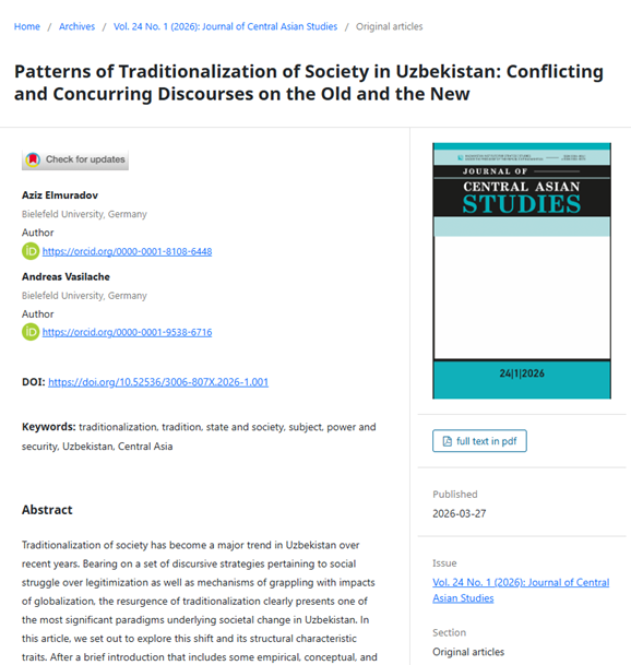 jcas_journal's tweet photo. The manuscript by Elmuradov and Vasilache analyzes societal change in Uzbekistan, highlighting how patrimonial and patriarchal structures reinforce the discourse of tradition.
🔗Full article: https://t.co/8QLgK1srdd
#traditionalization #tradition #stateandsociety #Uzbekistan #CA https://t.co/xbI9TY6BOx