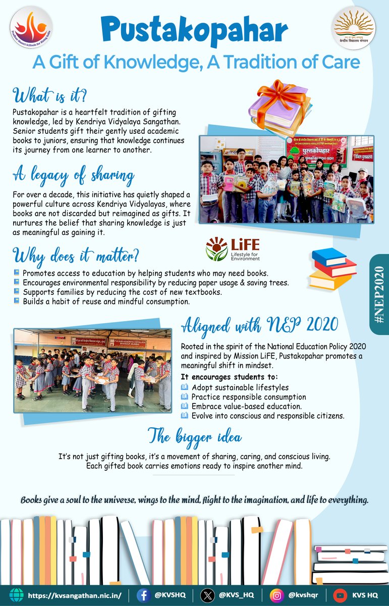 KVS_HQ's tweet image. From one learner to another!

Pustakopahar in #KendriyaVidyalayas is a beautiful tradition where students pass on their books to juniors at the start of the academic year.

A true reflection of #NEP2020 &amp;amp; Mission #LiFE.

#Pustakopahar #KVS