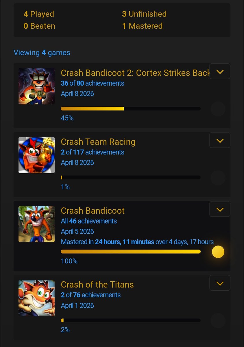 Cazando los trofeos de mis juegos favoritos del bandicoot: CB1,CB2,CB3,CTR,TWOC,CNK y Titans
Progreso: 1.5/7 XD 🥀🥀🥀
#CrashBandicoot #Retroachievements