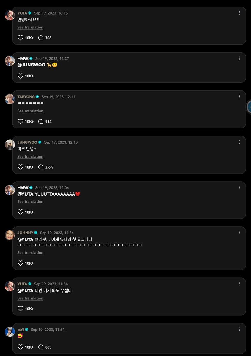 hyutaesft's tweet photo. 230913 — ONE OF THE MOST CHAOTIC DAYS EVER ON ILICHIL WEVERSE 😭

🐯: sorry i’m late…
it’s weverse. hi czennieeee 🌱

🐱: it’s mark

🐙: mark mark mark mark mark mark mark mark mark mark mark ㅋㅋㅋㅋㅋㅋㅋㅋㅋㅋㅋㅋㅋㅋㅋㅋㅋㅋㅋㅋㅋㅋㅋㅋㅋㅋㅋㅋㅋㅋㅋㅋㅋㅋㅋㅋㅋㅋㅋㅋㅋㅋㅋㅋㅋㅋㅋㅋㅋㅋㅋㅋㅋㅋㅋㅋㅋㅋㅋㅋㅋㅋㅋㅋㅋㅋㅋㅋㅋ mmark kmark mark maku
🐙: sorry, even i think this is scary
🐱: everyone… this is yuta’s first post
ㅋㅋㅋㅋㅋㅋㅋㅋㅋㅋㅋㅋㅋㅋㅋㅋㅋㅋㅋㅋㅋㅋㅋㅋㅋㅋㅋㅋㅋㅋㅋㅋㅋ
🐯: YUUUTTAAAAAAAA❤️

🐰: 🥰

🐶: hi mark~
🐯: 🦮☺️

🌹: ㅋㅋㅋㅋㅋㅋㅋ

🐙: hello!!
🐙: is mark here??
🐙: i’m always cheering for you ❣️❤️
🐙: i left and came back~~~~ is mark not here??
🐙: everyone, let’s find mark together!!
🐙: let’s all join forces and bring mark here!! 🫡 this is our mission!!
🐙: together~~~~~~ markya~~~~~~~ come out~~~~~~

🐯: i just ate samgyetang ☺️

🐙: MARK!!!!!!!!!!!!!!!
🐙: everyone!!! we did it 😆 our voices brought mark here!! thank you!!

🐶: mark, where are you?
yareruka mark-san
🐰: mark-ya, where are youuu
🐙: where are you~~~~!!
🐱: where are you?