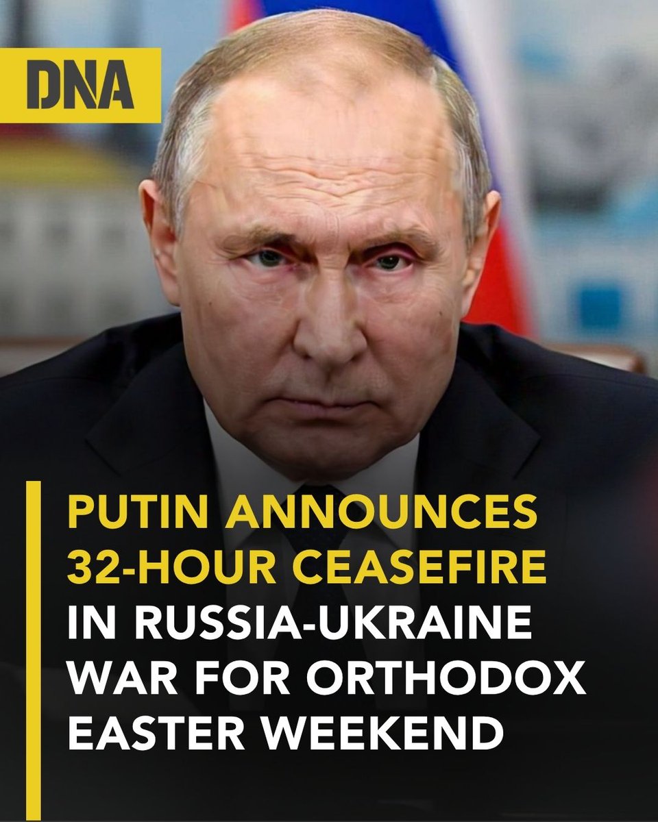 dna's tweet image. Russian President Vladimir Putin has announced a temporary ceasefire in Ukraine for the duration of the Orthodox Easter holidays, according to the Kremlin, following a similar proposal from Kyiv.

#DNAUpdates | #RussiaUkraineWar | #Putin | #Zelenskyy