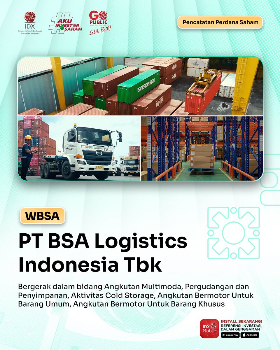 IDX_BEI's tweet photo. #IDXUpdate
Pencatatan perdana saham PT BSA Logistics Indonesia Tbk (Kode Saham: WBSA) pada Jumat, 10 April 2026.
WBSA merupakan Perusahaan Tercatat pertama di BEI pada tahun 2026.
Informasi selengkapnya: https://t.co/kwSCQ98bPw > Berita > Berita https://t.co/QpdnDQRsZ0
