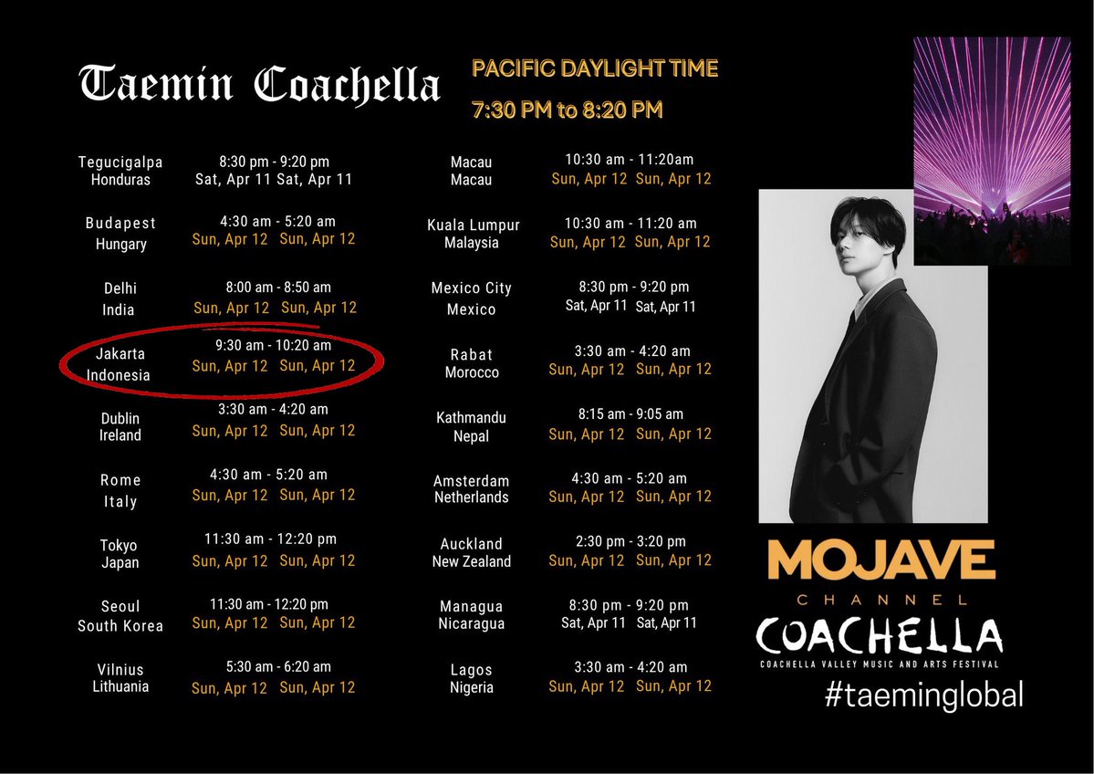 Jangan sampai ketinggalan nonton #TAEMCHELLA 🎡✨

Minggu, 12 April 2026  
⏰ 9:30–10:20 WIB

Set reminder kamu, like livestream-nya, dan nyalakan notifikasi biar nggak kelewatan penampilan spesial dari TAEMIN 💛🔥

🔗 youtube.com/live/HJVG2Ck3u…

#TAEMIN #태민 #テミン #泰民