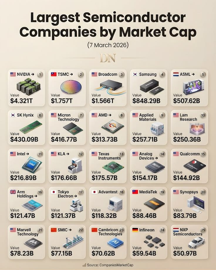 Market_Mind_'s tweet image. Largest Semiconductor Companies by Market Cap (March 2026) 💻

🇺🇸 NVIDIA — $4.321T 
🇹🇼 TSMC — $1.757T 
🇺🇸 Broadcom — $1.566T 
🇰🇷 Samsung — $848.29B 
🇳🇱 ASML — $507.62B 
🇰🇷 SK Hynix — $430.09B 
🇺🇸 Micron — $416.77B 
🇺🇸 AMD — $313.73B

NVIDIA has separated itself from the pack,