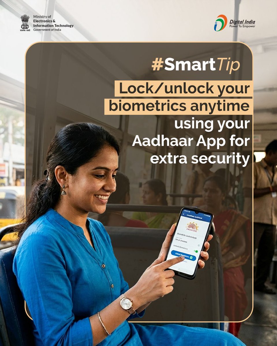 _DigitalIndia's tweet image. Take charge of your identity security! Lock your biometrics and prevent misuse in just a few taps.

Click to Download Aadhaar App - pehchaan.uidai.gov.in/app/download 

#CyberSafety #StayProtected #DigitalSecurity @UIDAI