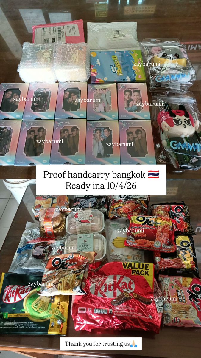 Done handcarry bangkok thailand 10 april 2026✅
See u the next trippppppp

Thank you for trusting us🙏🏻
t. Jastip Thailand gmmtv photocard postcard doll mie instan ok oriental koitchen kitkat milk bun after you my chewy milk candy nescafe
