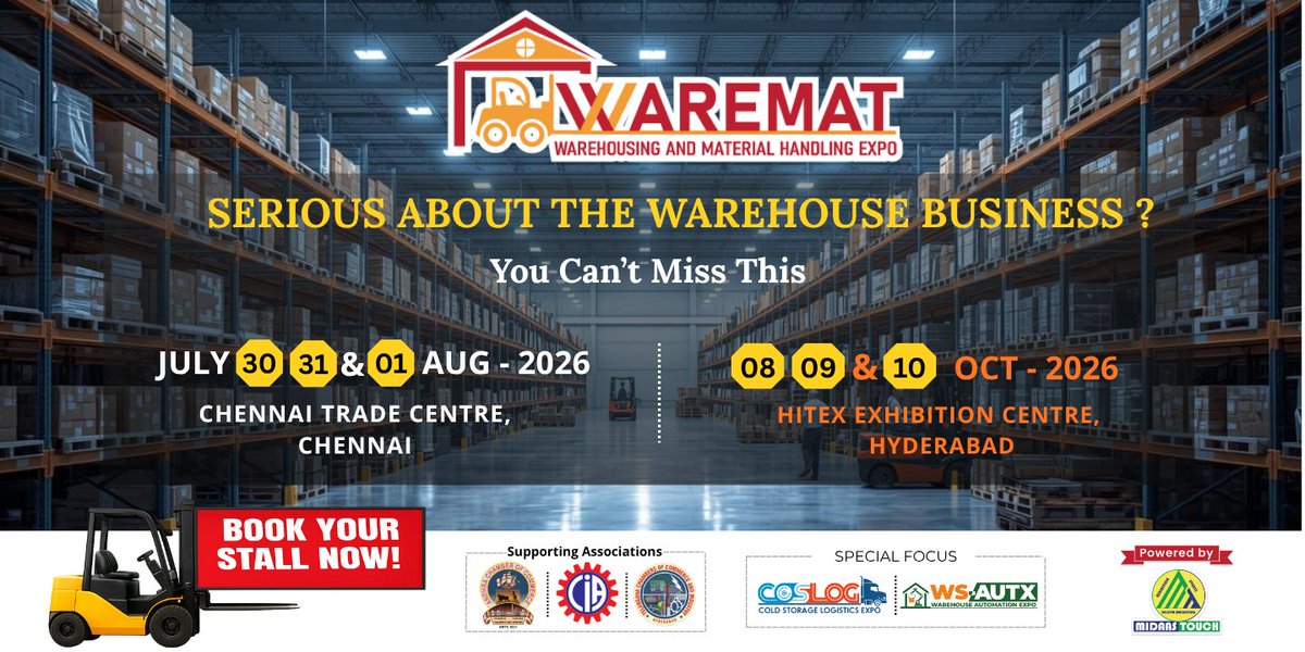 🏭 Serious about growing your warehouse business?

Don’t miss WAREMAT Expo 2026 — where logistics, storage &amp; supply chain leaders connect.
📍 Chennai | Jul 30,31 &amp; 01 Aug 2026
📍 Hyderabad | Oct 08, 09 &amp; 10 2026
👉 Book your stall now
💬 Reply “WAREHOUSE” for details
#Warehousing