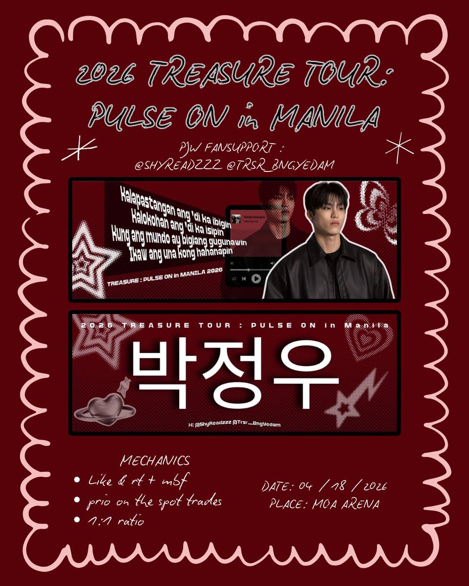 ShyReadzzz's tweet photo. .✦݁˖ #PULSE_ON_IN_MANILA PJW fan support by @ShyReadzzz @Trsr_BngYedam   .✦ ݁˖

🥀Kalapastangan (theme) 🎶🎵  #ParkJeongwoo handbanner freebies❤️ 

⟡ like &amp; rt  + mbf ^^
⟡ limited quantity only 
⟡ 1:1 ratio https://t.co/Ey9JNxaK8k