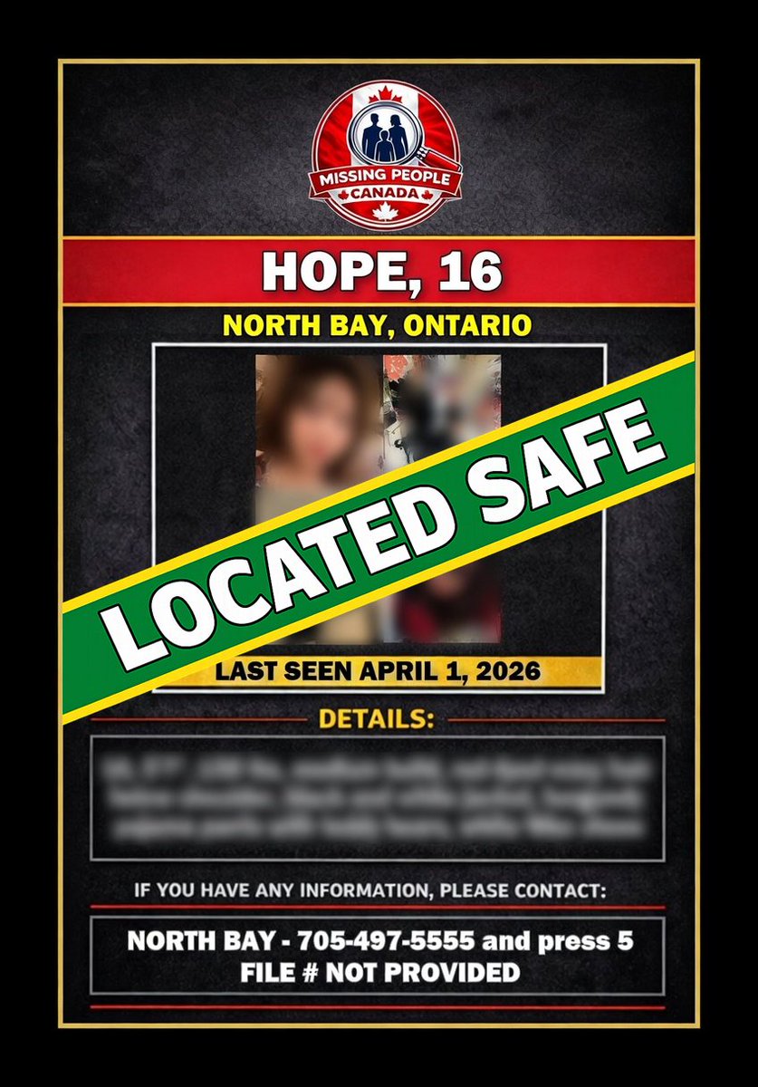 Missing_CA's tweet image. ✅ LOCATED SAFE – HOPE

Hope, 16, who was reported missing in North Bay, Ontario, has been located safe.

Thank you to the community for your assistance.

#LocatedSafe #NorthBay #Ontario #MissingPersonLocated #MissingPeopleCanada