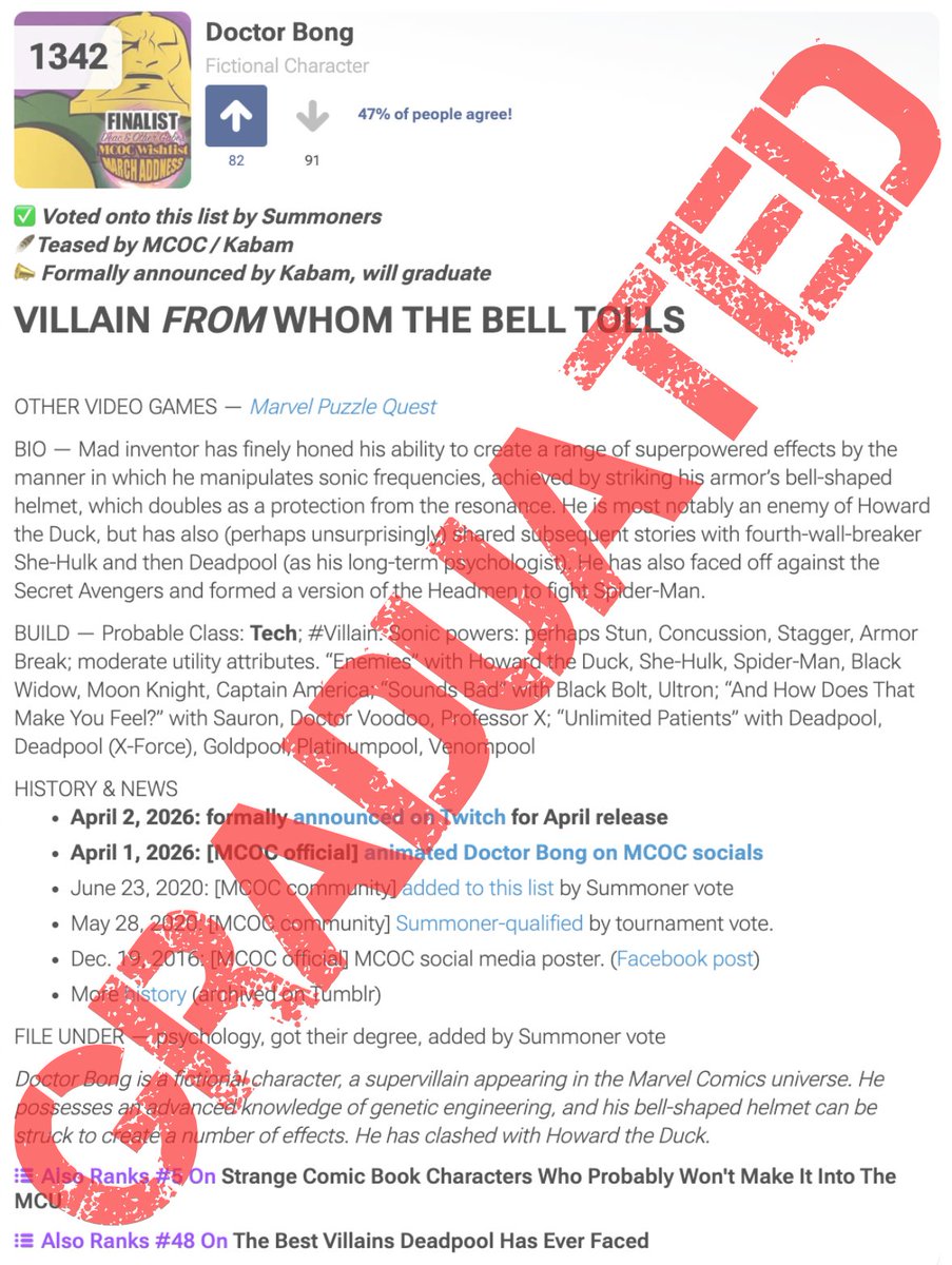 DOCTOR BONG has graduated from the MCOC Wishlist

His official Champion Spotlight: playcontestofchampions.com/news/champion-…

The MCOC Wishlist (ranks 1321-1380): tinyurl.com/mcocwishlist?p…