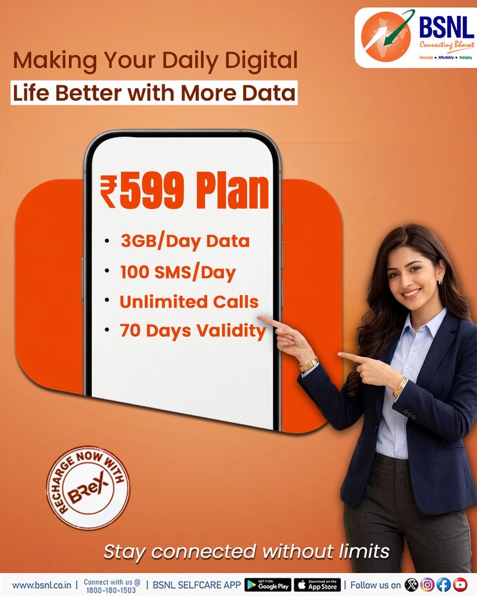 BSNLCorporate's tweet image. Ek recharge, full tension-free connectivity 

STV-599 ke saath paaye 70 din tak
unlimited calls, daily data aur SMS ka perfect combo!

#BSNL599 #StayConnected #UnlimitedCalling #DataPlan #BSNLIndia #RechargeNow @CMDBSNL @robertravi21