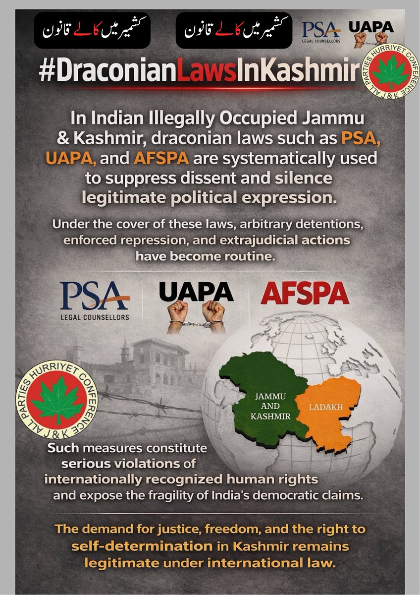 #DraconianLawsInKashmir
In Indian Illegally Occupied Jammu &amp; Kashmir, draconian laws such as PSA, UAPA, and AFSPA are systematically used to suppress dissent and silence legitimate political expression.
Under the cover of these laws, arbitrary detentions, enforced repression,