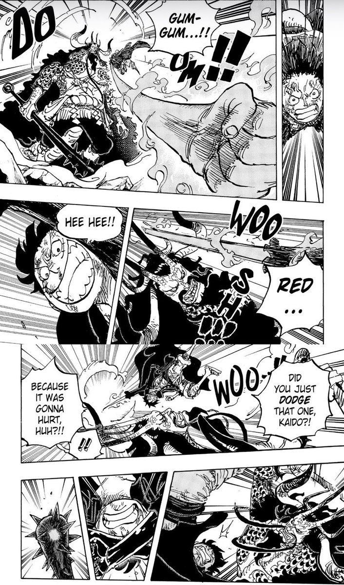 Luffy en Gear 5 qui rit parce que Kaido a esquivé son coup, alors que celui-ci a asservi les habitants de Wano pendant 20 ans… le Gear Fifth est la pire transformation de l’histoire.

Mais attends, c’est Luffy de base.