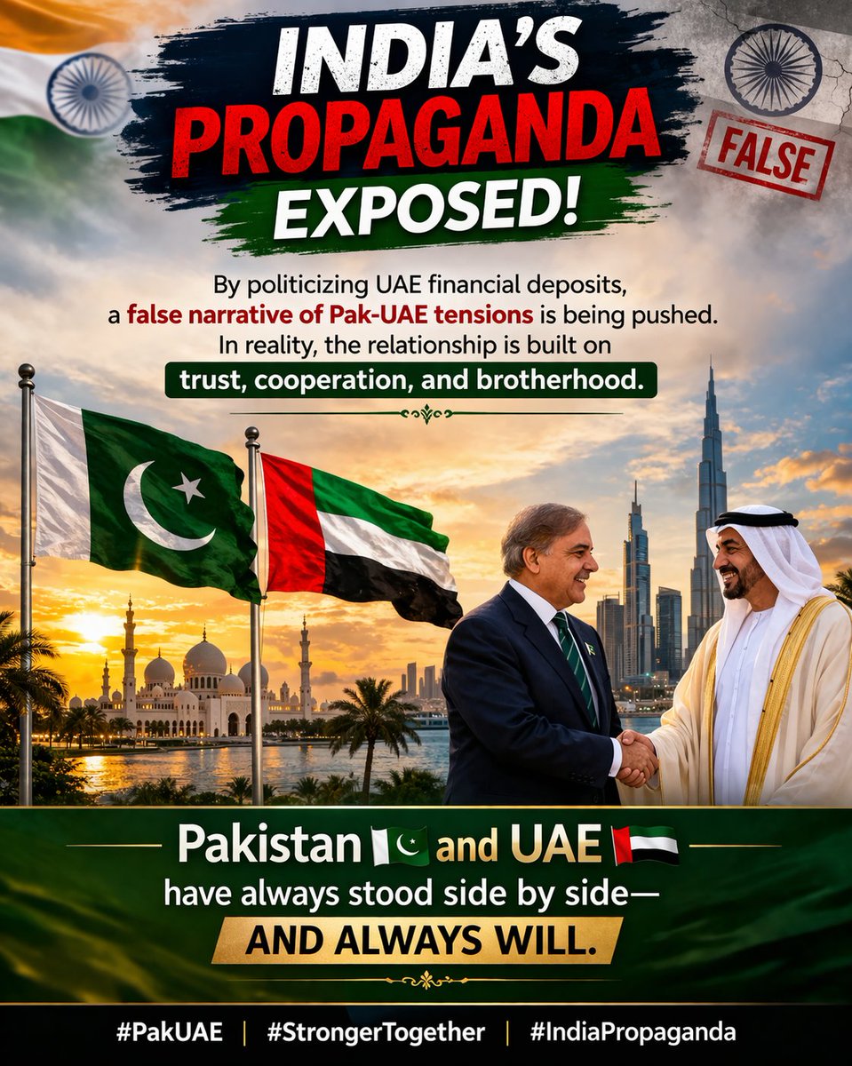 viral100800's tweet image. India manufactures narratives, not facts.
Fake tensions. Fake stories. Same old lie: “Pakistan is isolated.”
Reality: 🇵🇰🤝🇦🇪 growing stronger.
#IndiaExposed